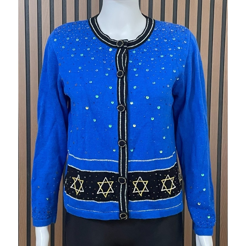 Jack B Quick Women's S Blue Sweater‎ Ramie Cardigan Beaded Star Hanukkah Holiday